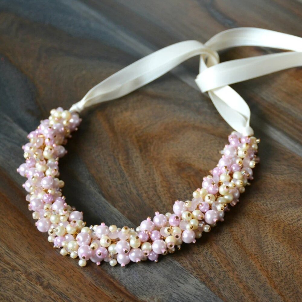 Handmade Glass Pearl Statenent Necklace with Ribbon Ties